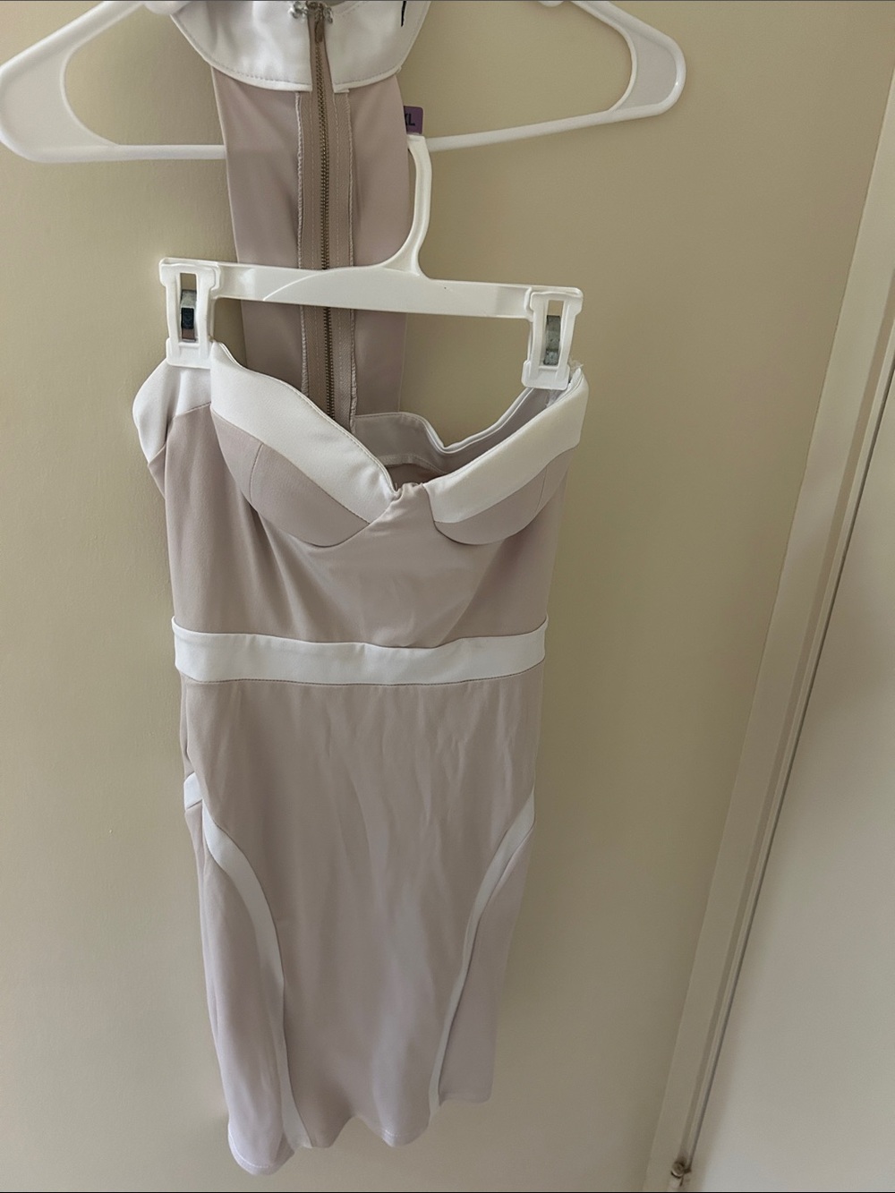 Fashion Nova Strapless Slip Dress in Taupe with White Trim
